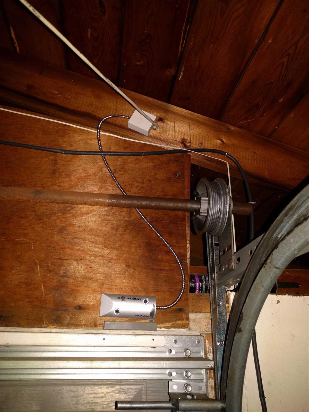 Displaying My Garage Door Status With Losant Here S A Picture Of The Door Closed With Silver Sensor Mounted To Header And Magnet Sitting On Top Wires For Run