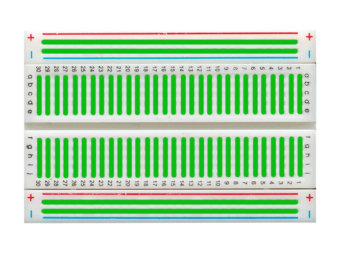 Diagram depicting the rows and columns of a breadboard.