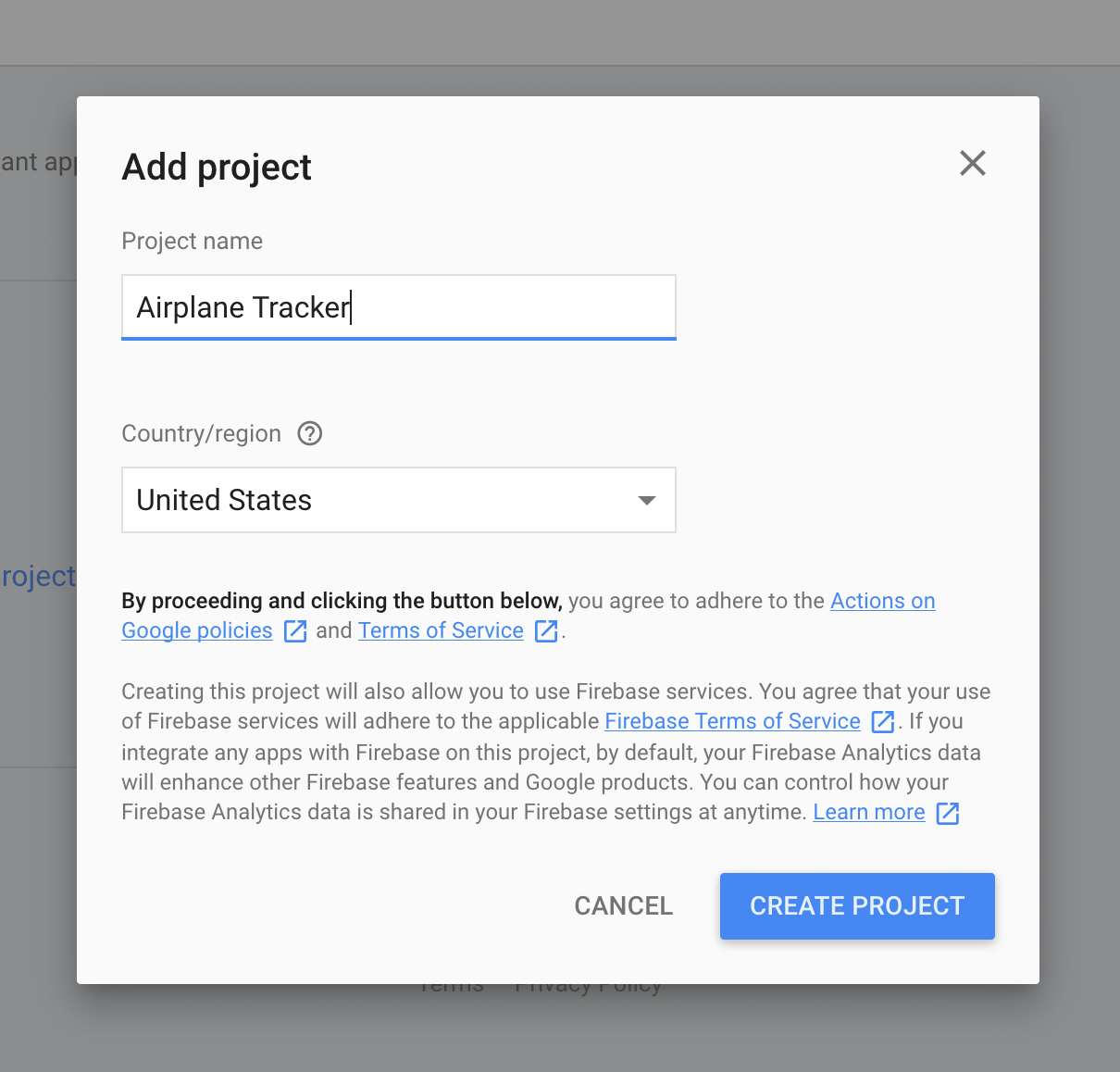 Google Actions Console - Add project popup