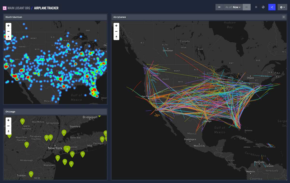 Losant dashboard with location history and heatmap