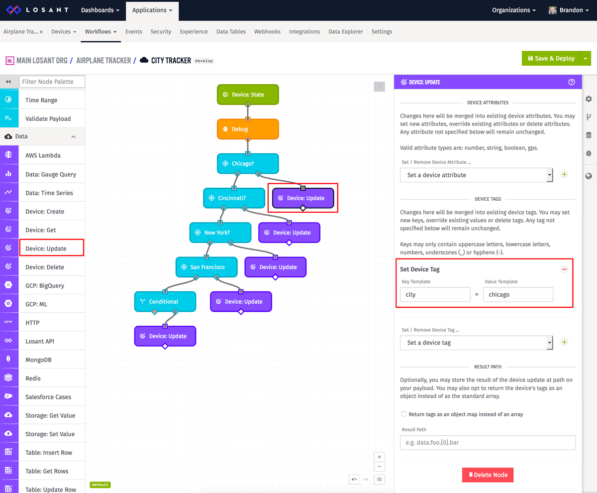 Losant workflow with device update node configuration