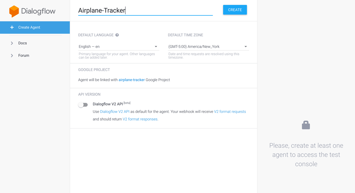 Google Dialogflow - Create Agent