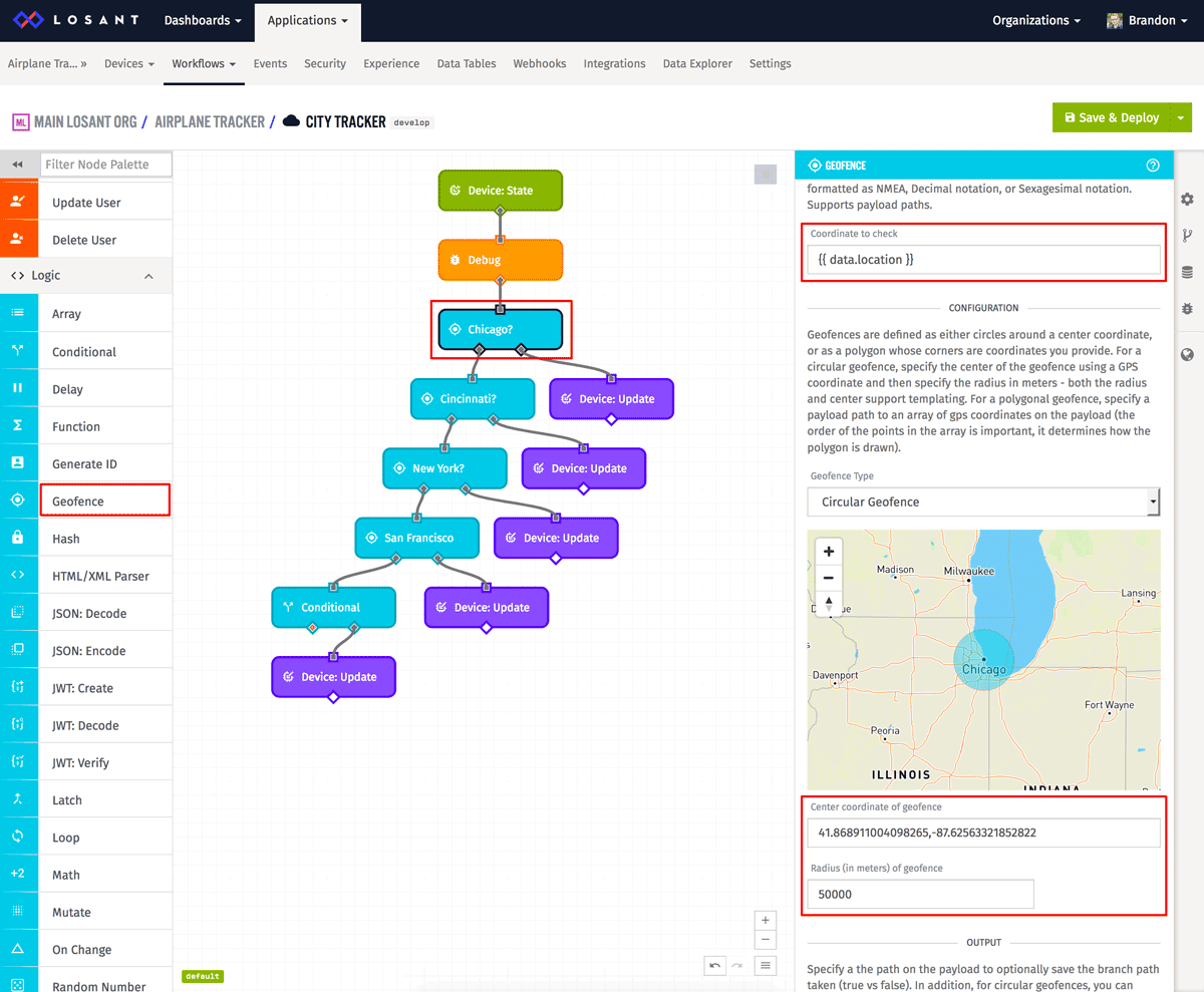 Losant workflow with Geofence node configuration