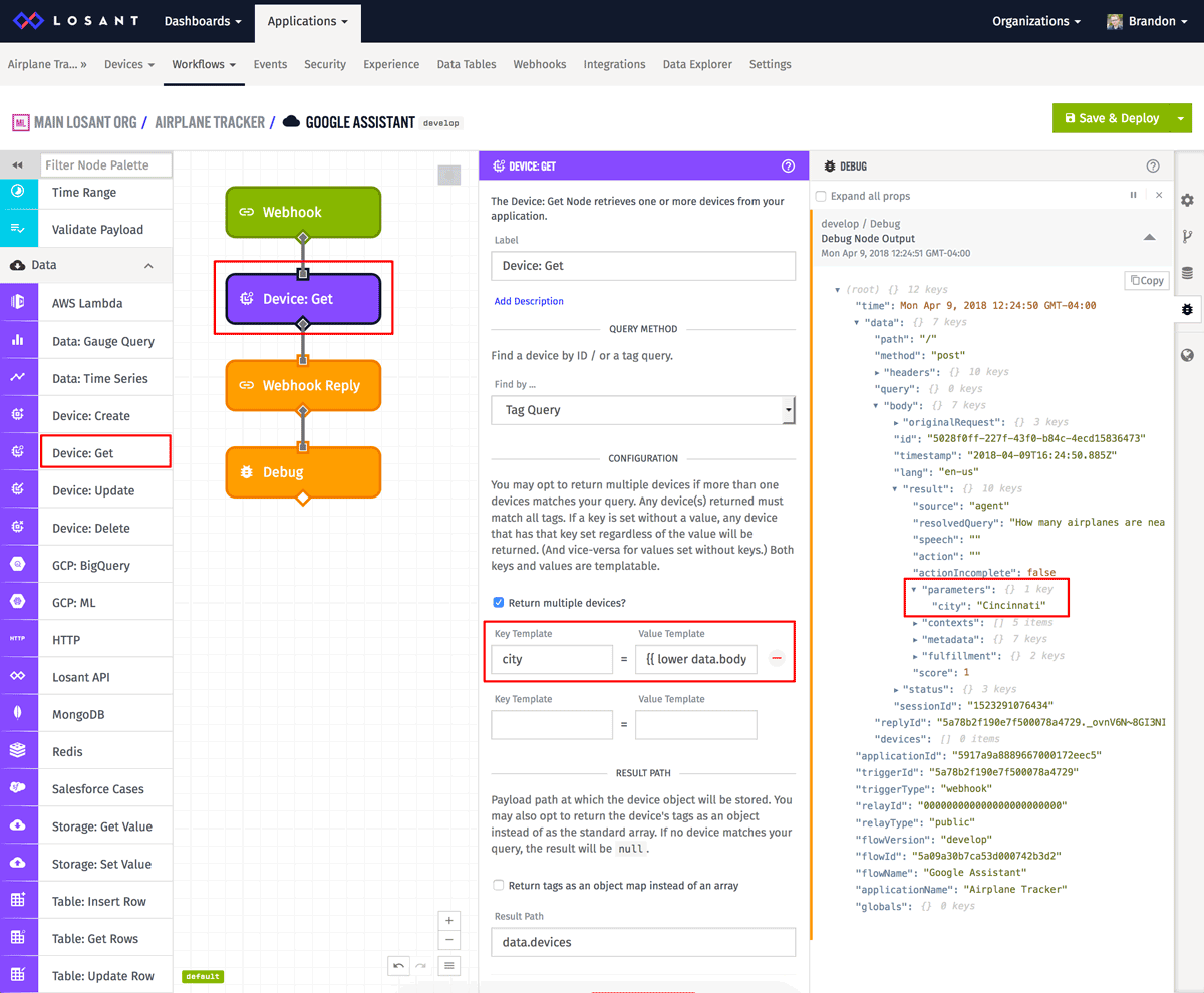 Losant workflow with get device node configuration