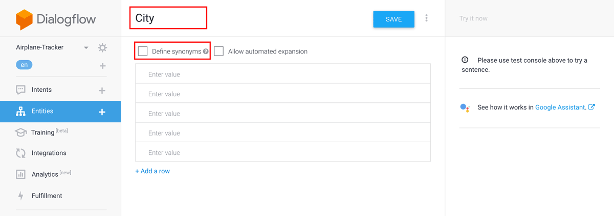 Google Dialog Flow - Create Entities