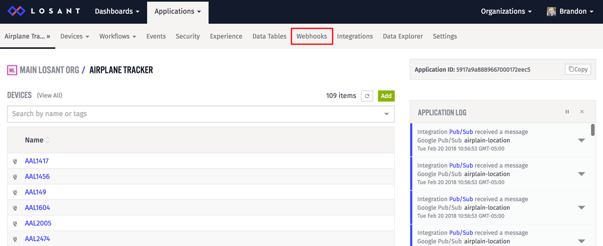 Losant application webhooks menu