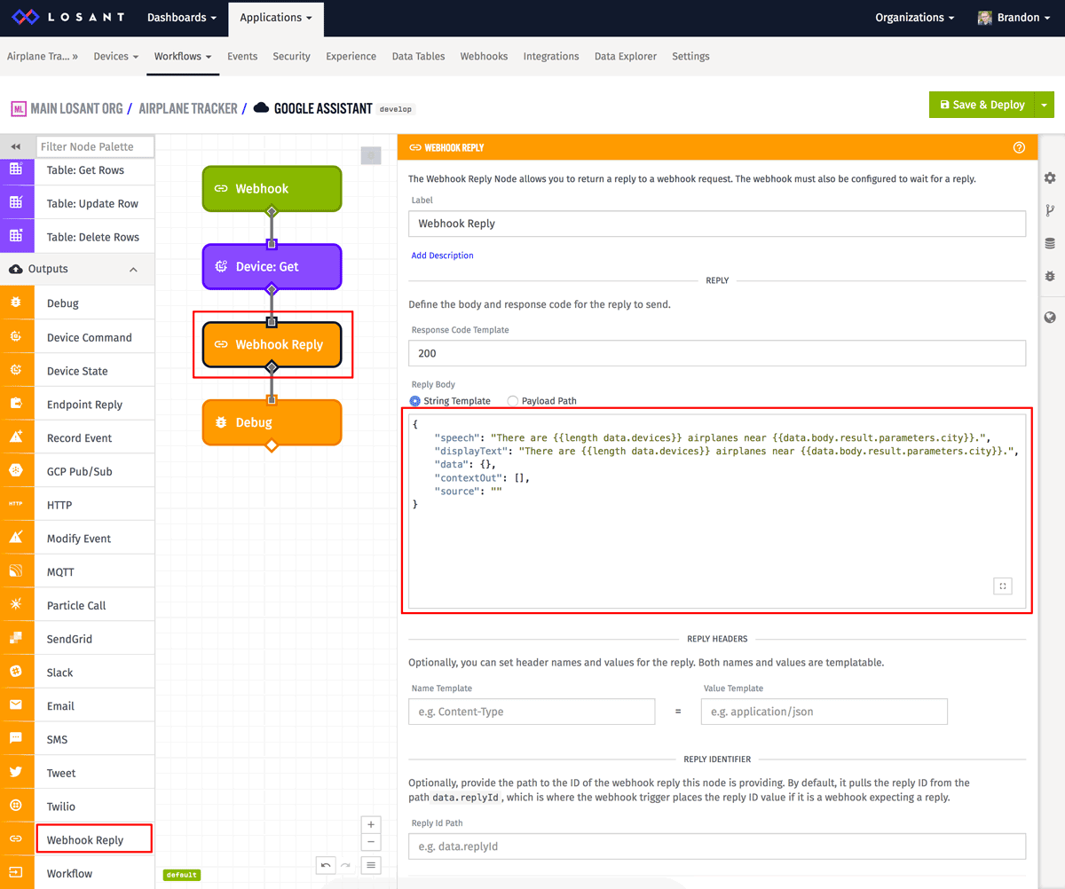 Losant workflow with webhook reply node