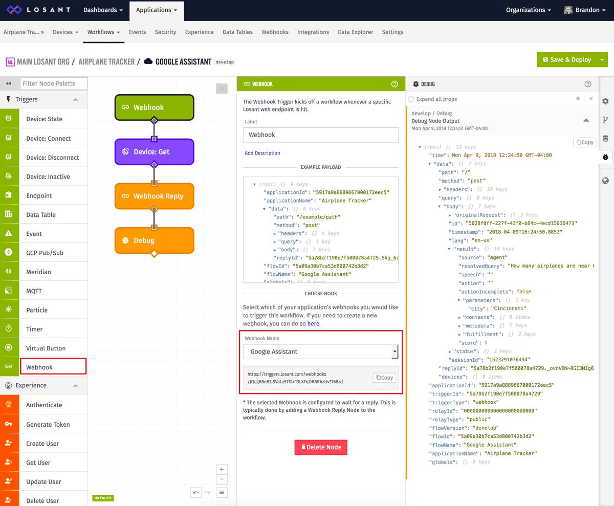 Losant workflow with webhook trigger
