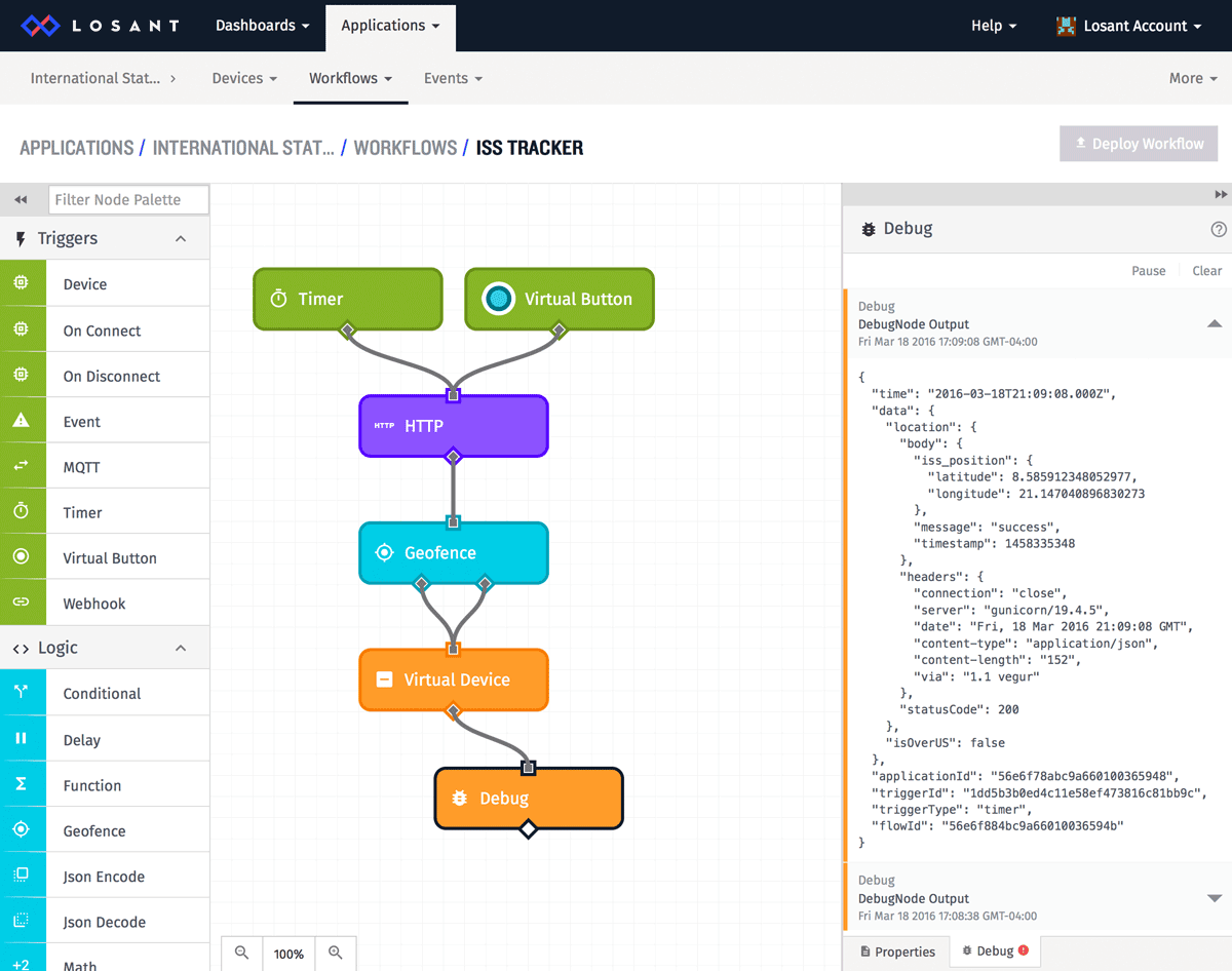 Debugging workflows in Losant IoT platform.