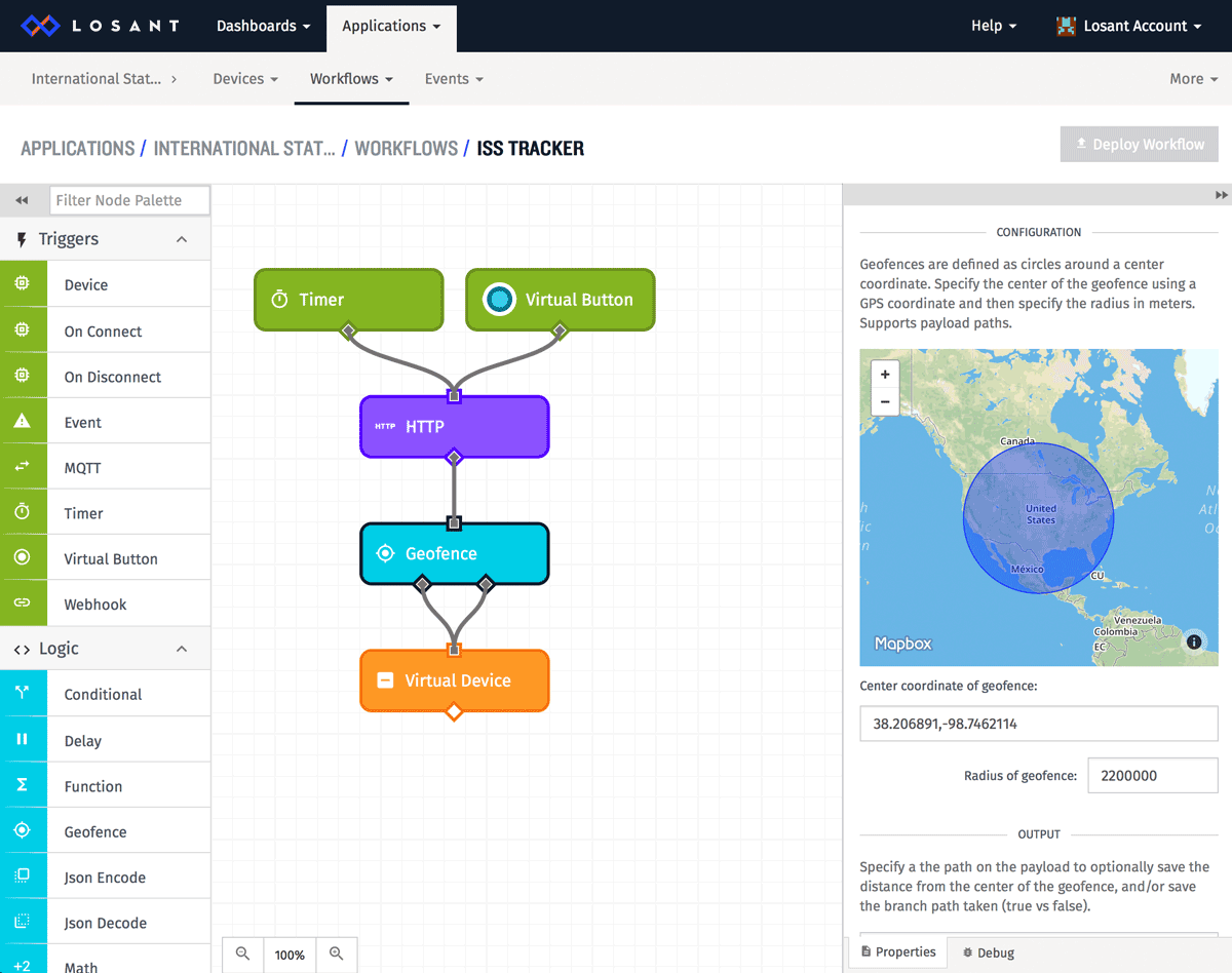 Geofence Workflow Node in ISS Tracker Workflow within Losant IoT platform.