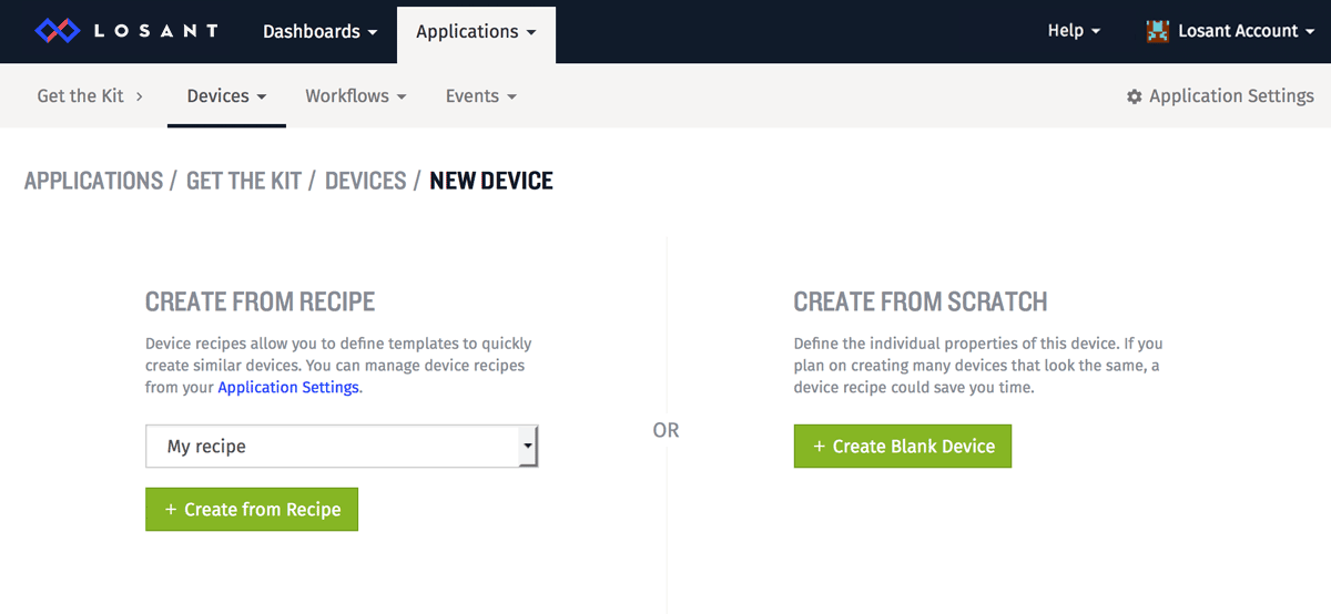 Adding a New Device within the Losant IoT platform Applications.