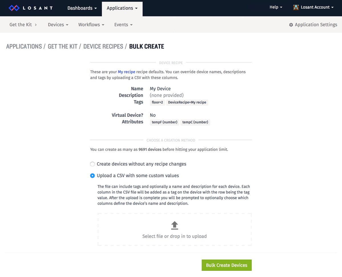 Bulk Create settings within the Losant IoT platform.