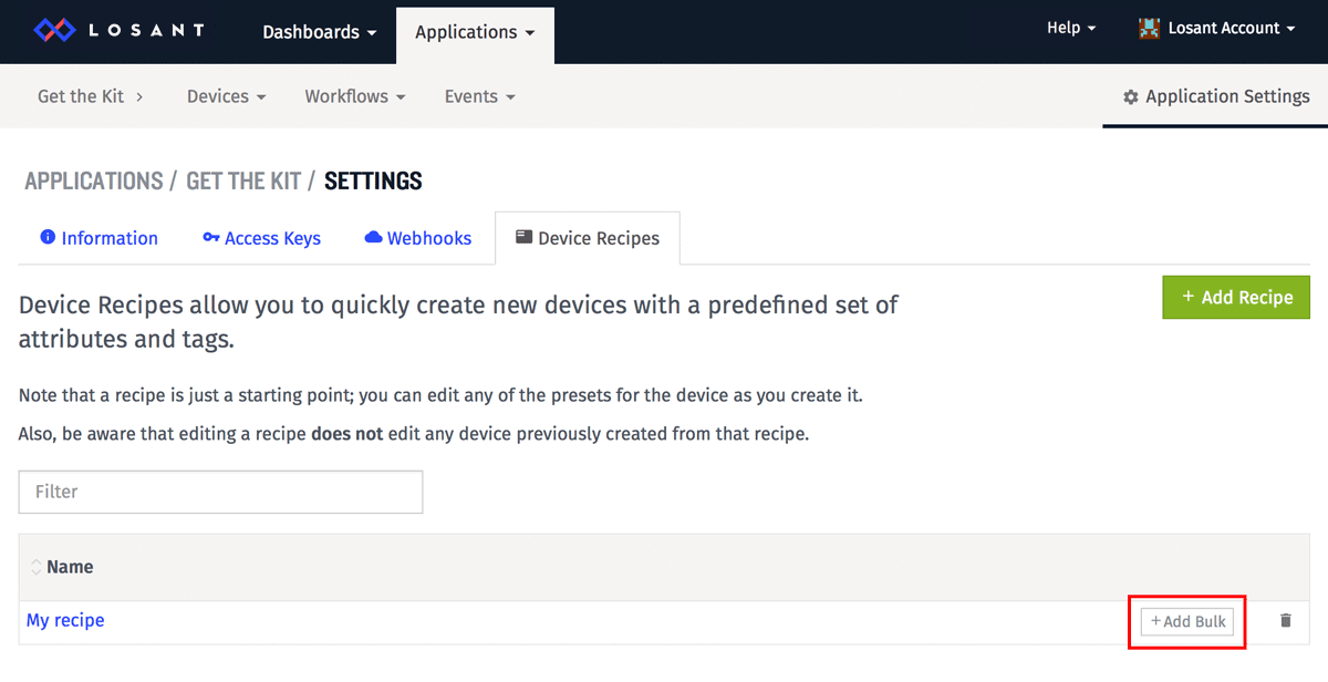 Adding a Bulk Button within Applications Settings in the Losant IoT platform.