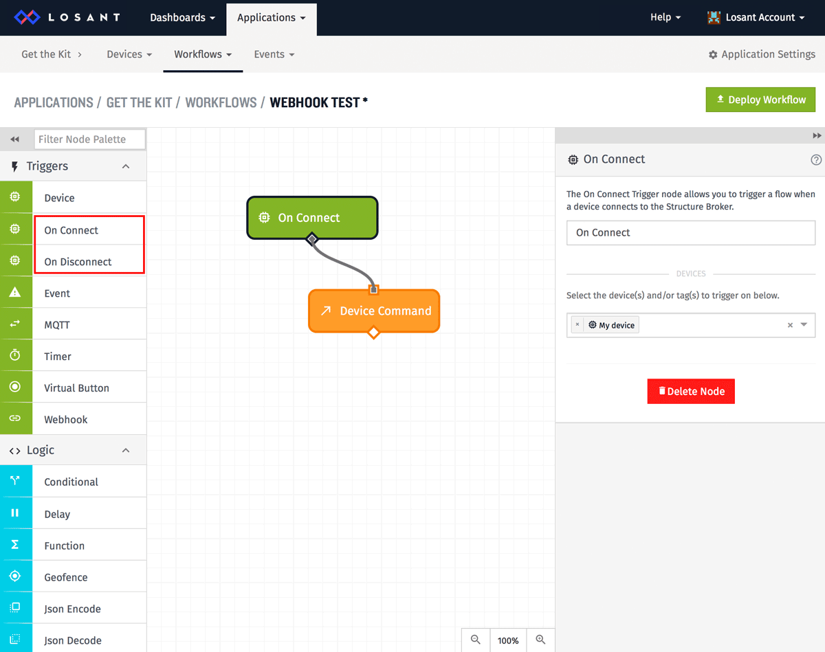 Device Connection trigger workflow in Losant IoT platform.