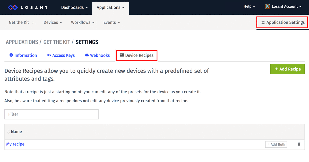 Creating a Device Recipe within Losant IoT platform Applications.