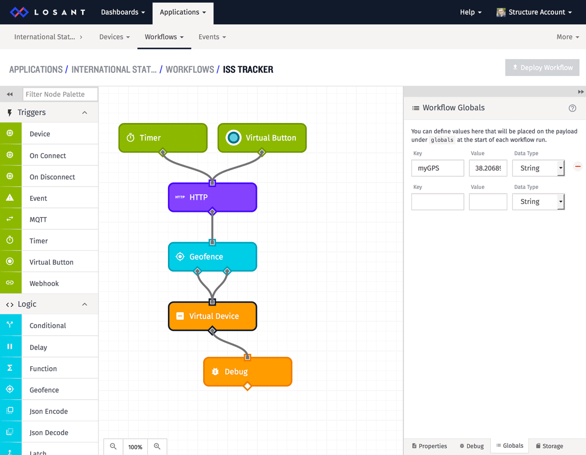 Workflow Globals within Losant IoT platform.