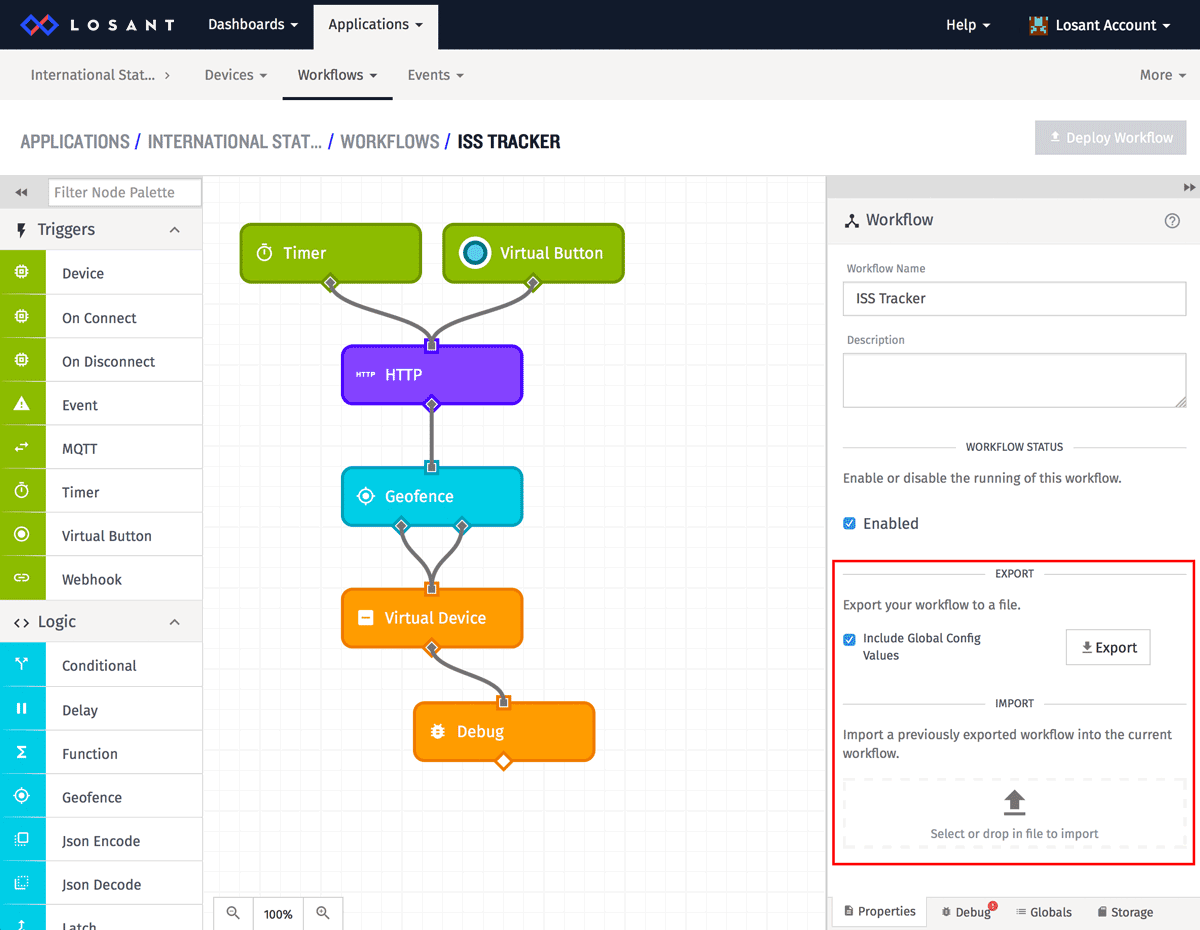 Import and Export features in Workflow within the Losant IoT platform.