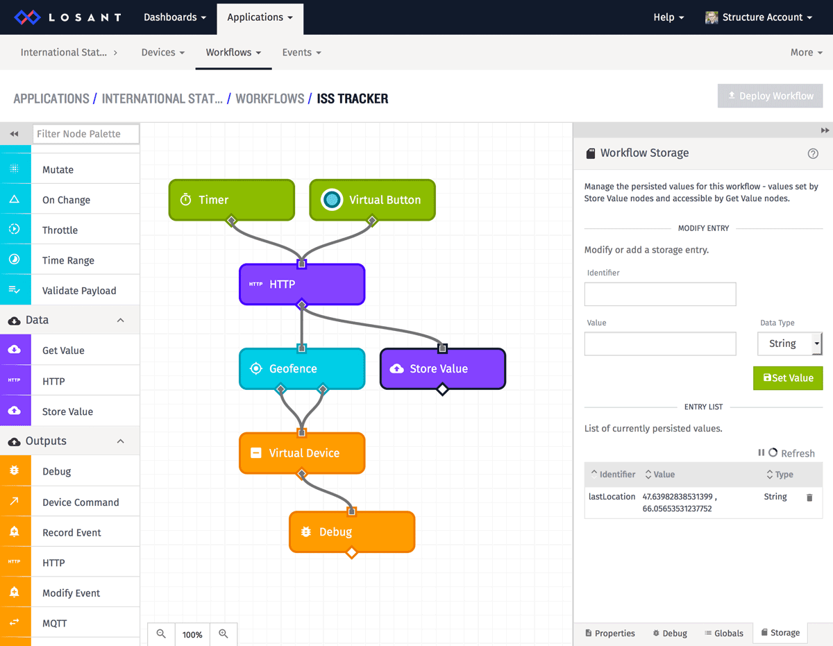 Get Value and Store Value nodes within the Workflow Storage tab open in Losant IoT platform.