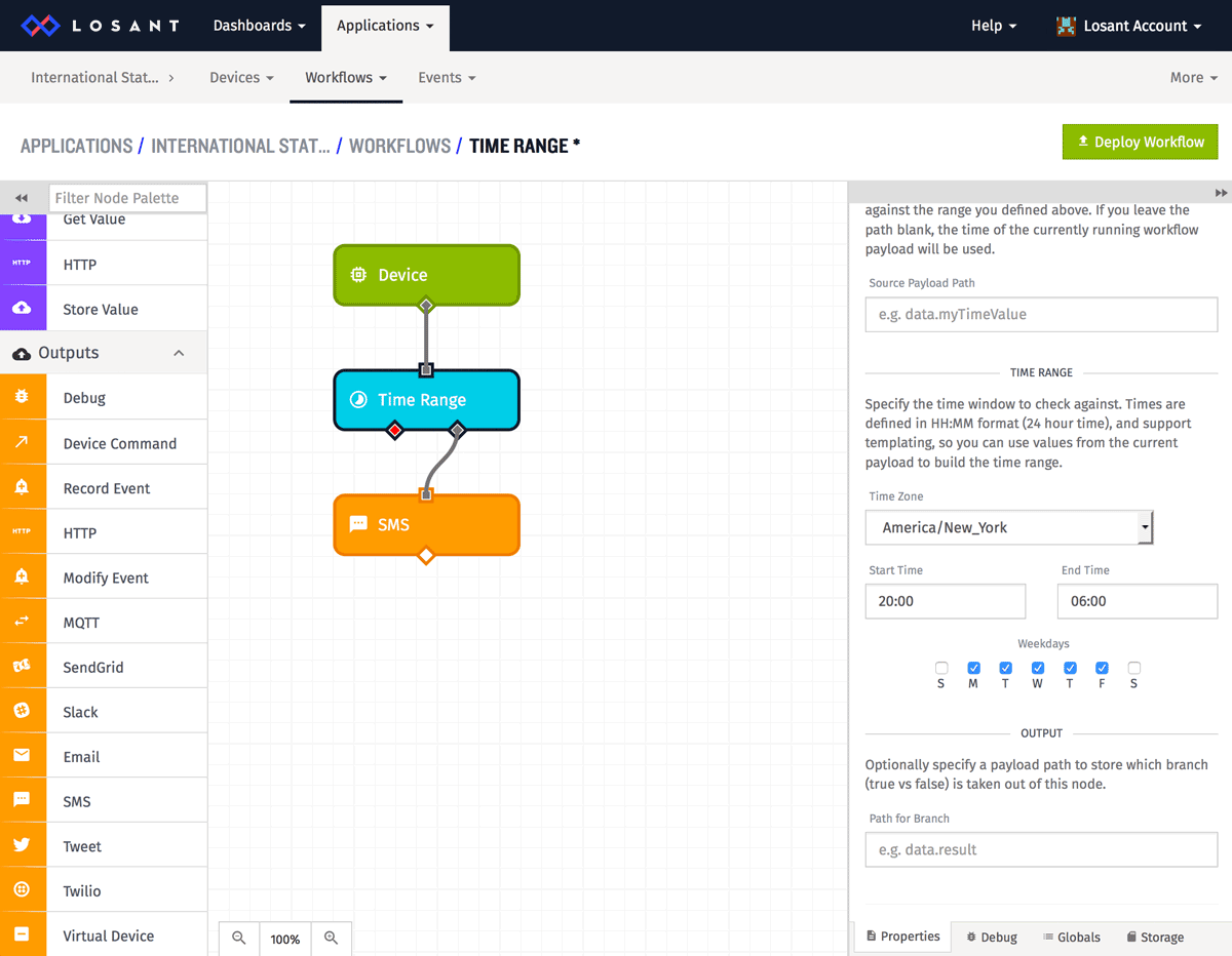 Time Range workflow node within Losant IoT platform.