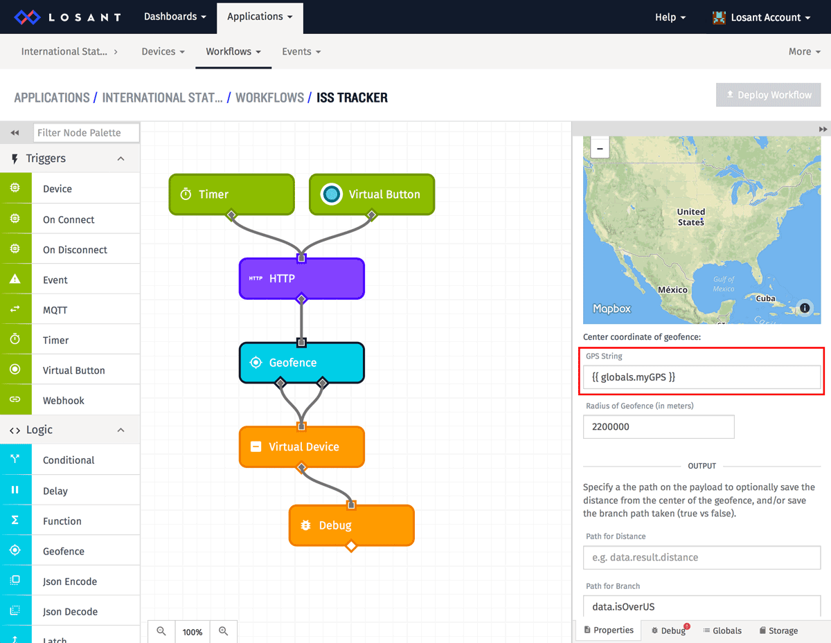 Workflow Globals GPS String property in Losant IoT platform.