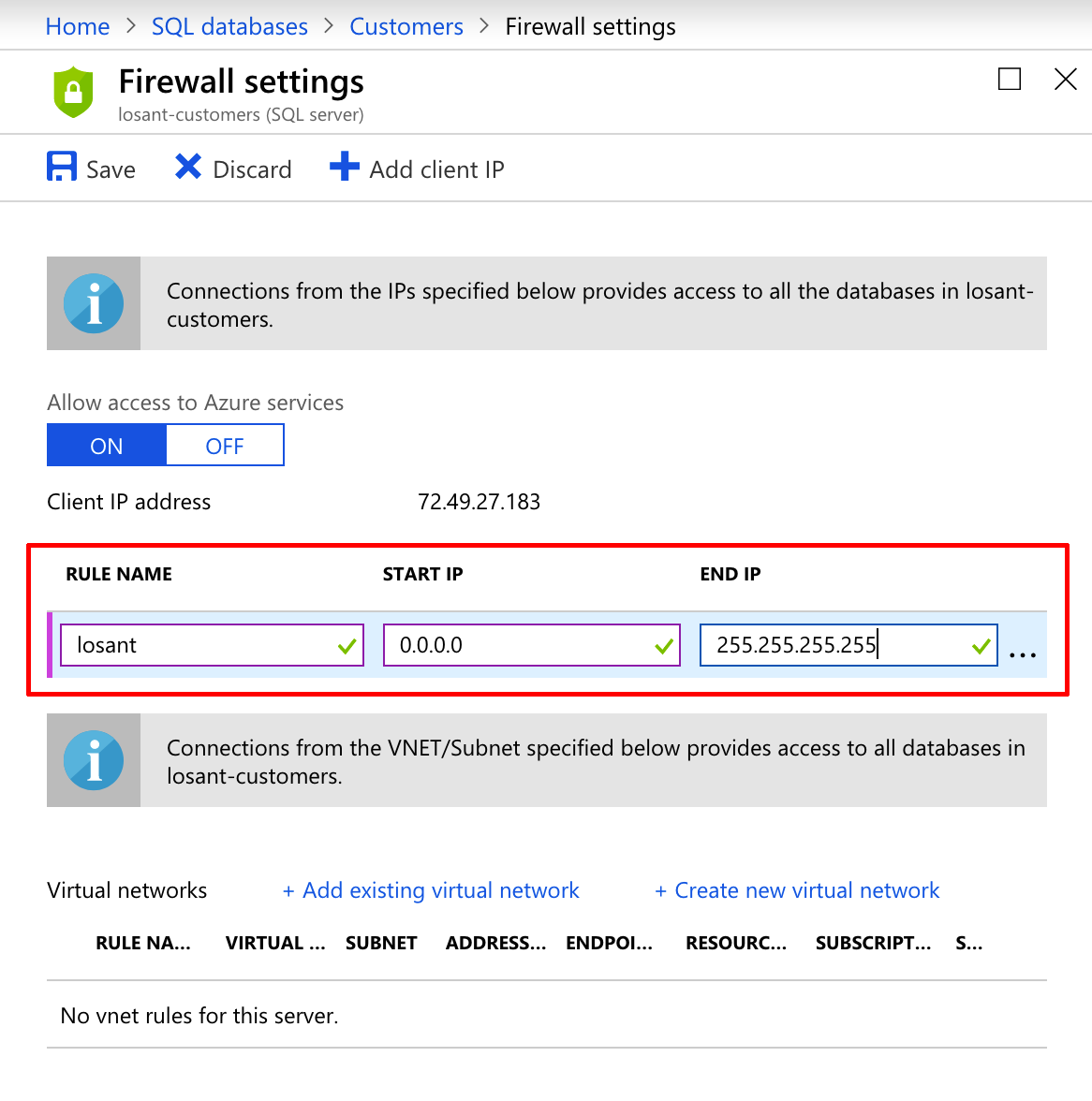 Azure SQL Firewall Settings
