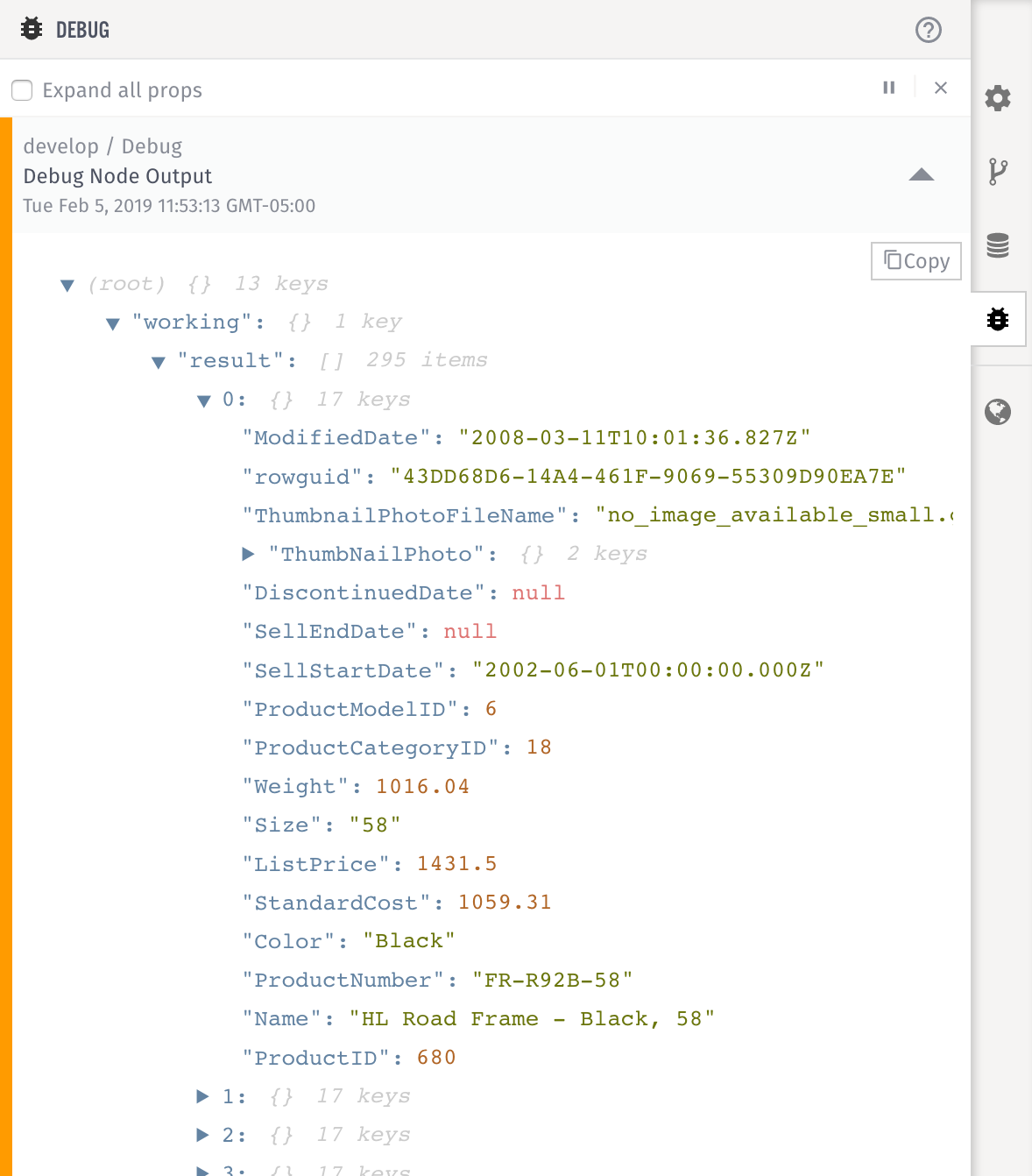 Losant SQL Node Debug Output Example