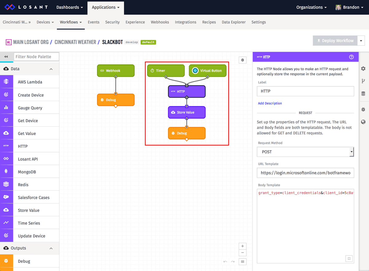 Losant Workflow showing webhook and debug