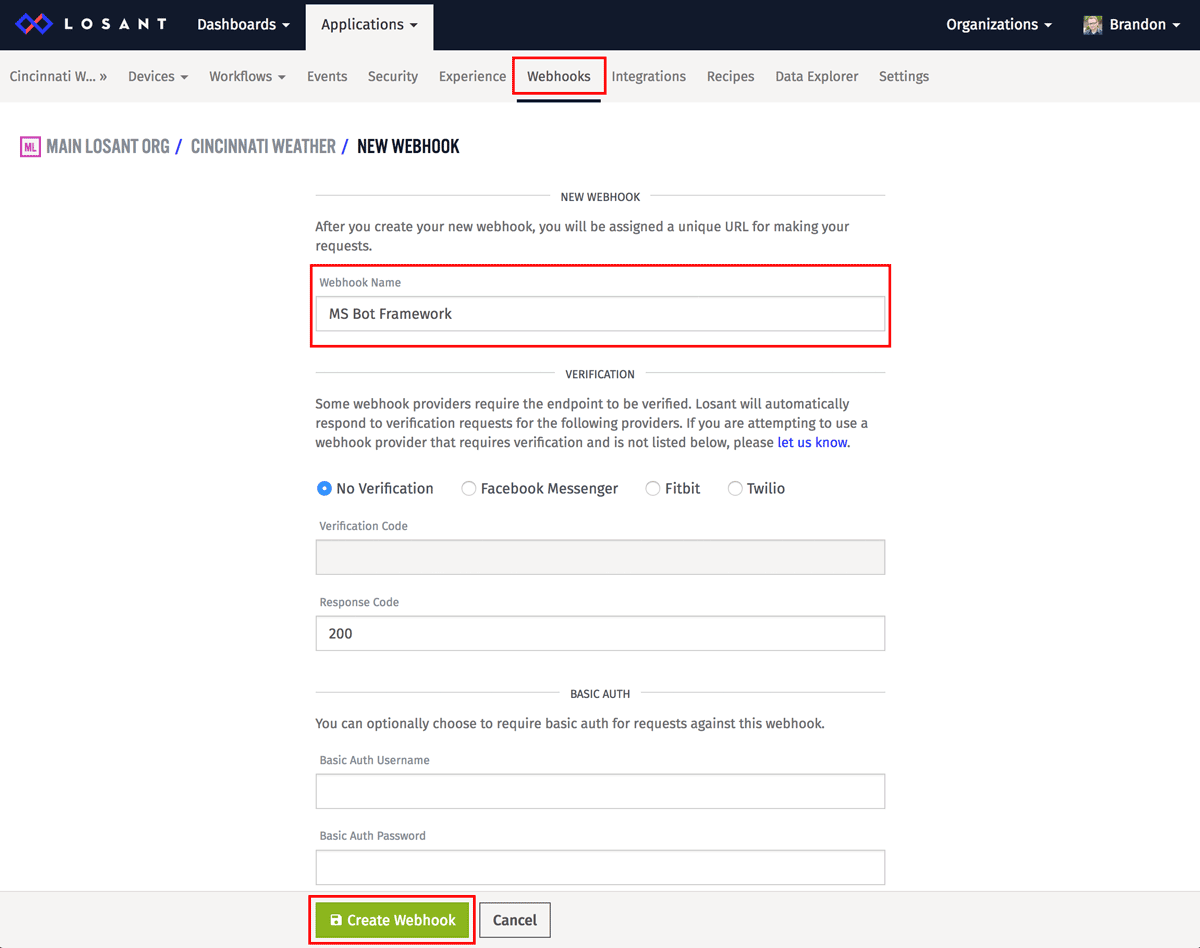 Losant Application view showing how to create a webhook