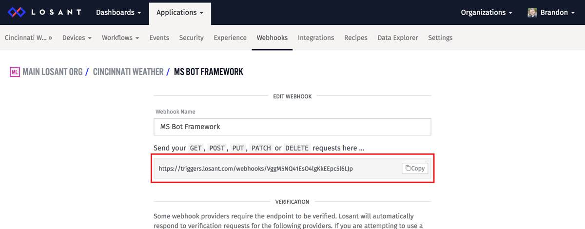 Losant application view showing how to edit a webhook