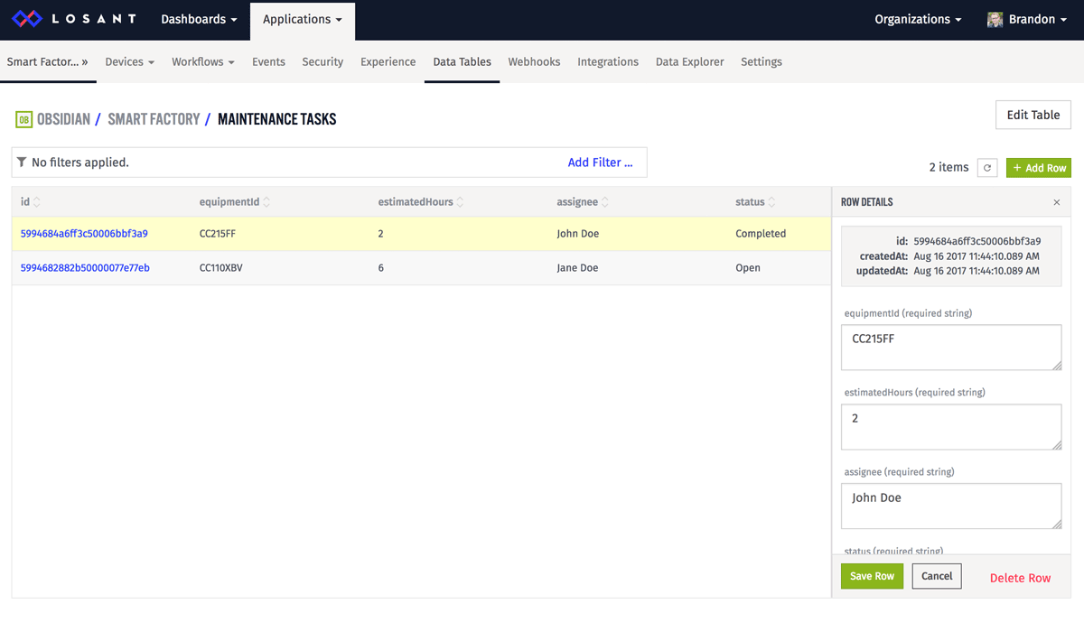 Losant data table in edit view