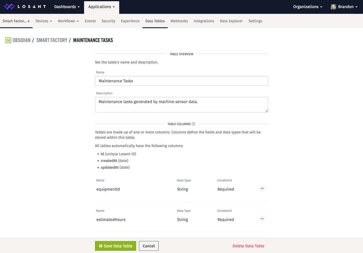 Losant data table 