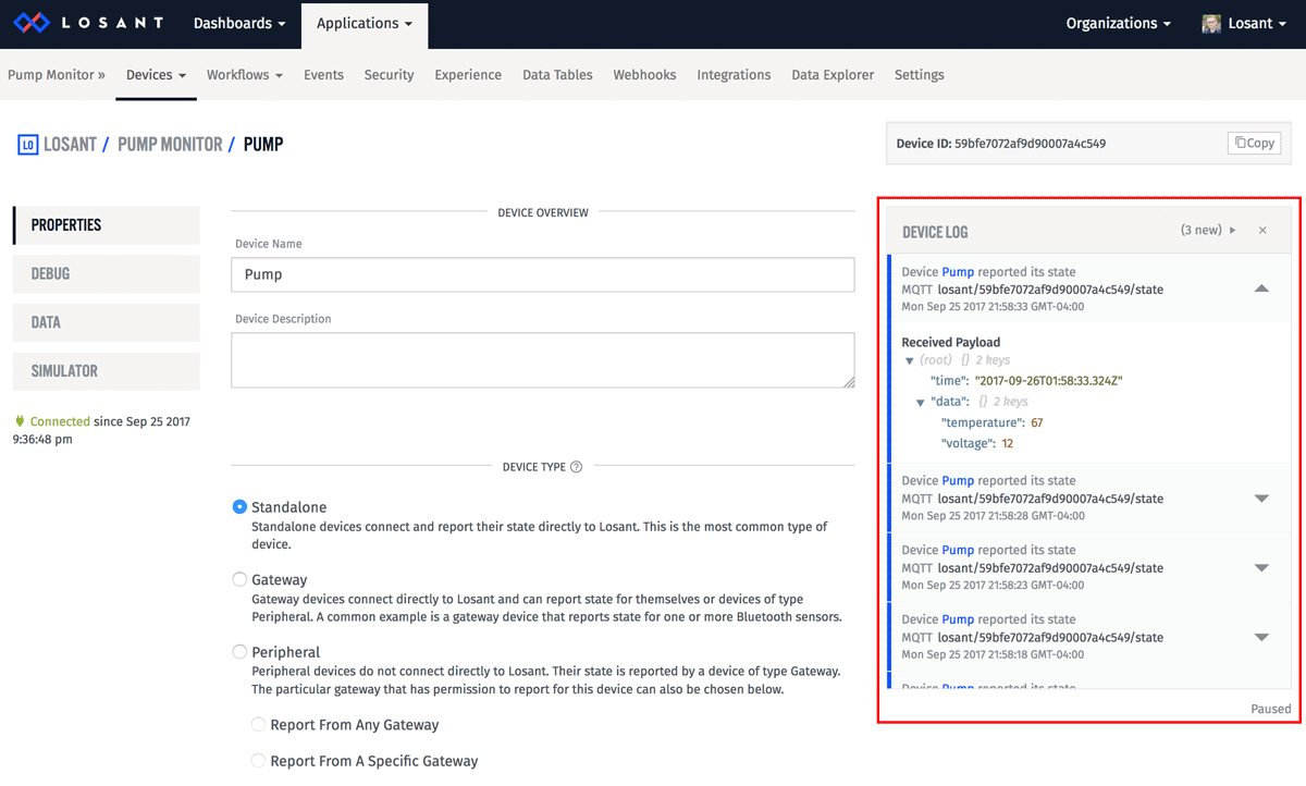 IoT device communication log