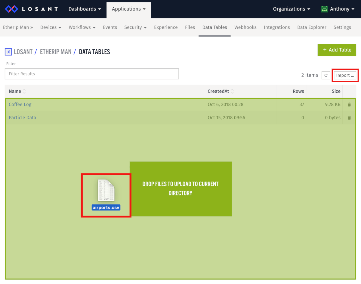 Losant Data Table Import