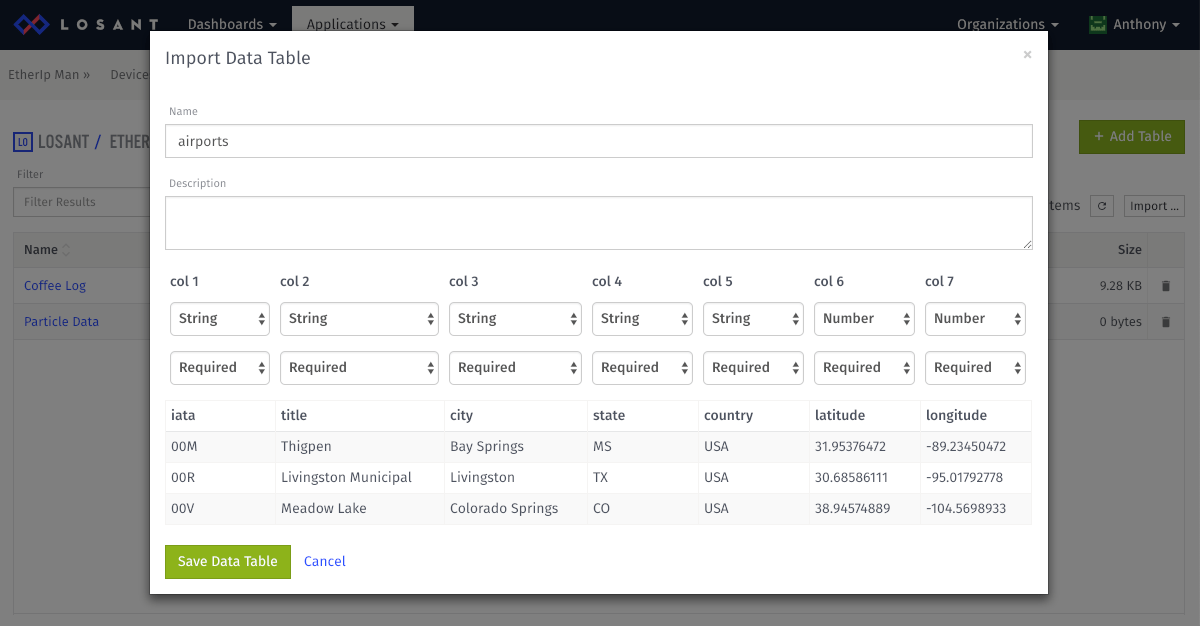 Losant Data Table Import Preview