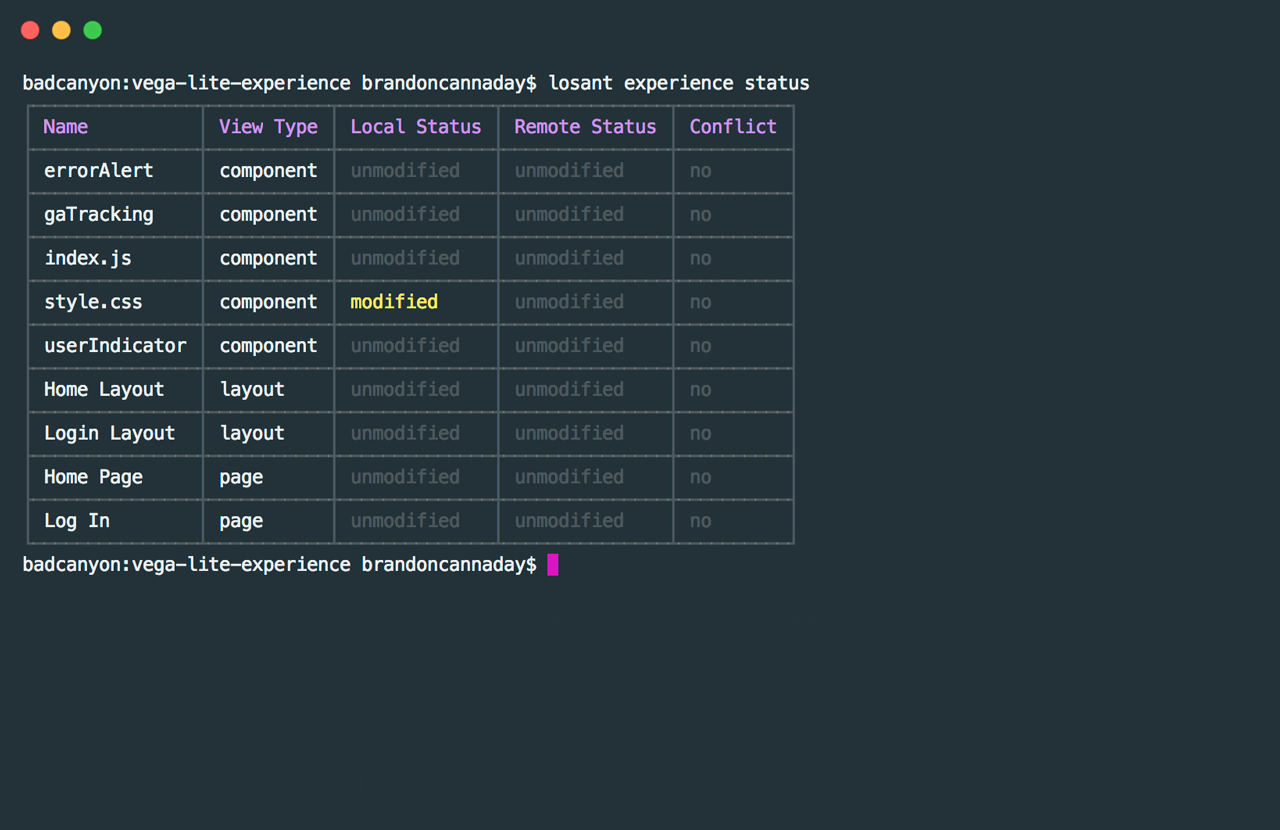 Losant CLI Experience Status Command