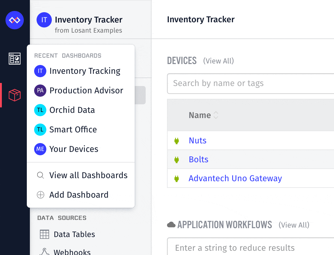 Losant dashboard menu