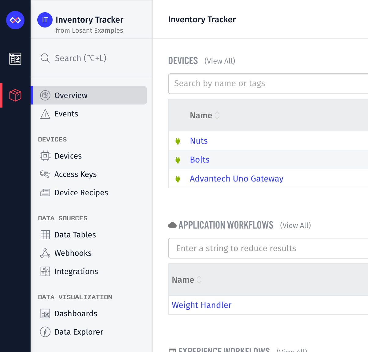 Losant user interface with vertical navigation