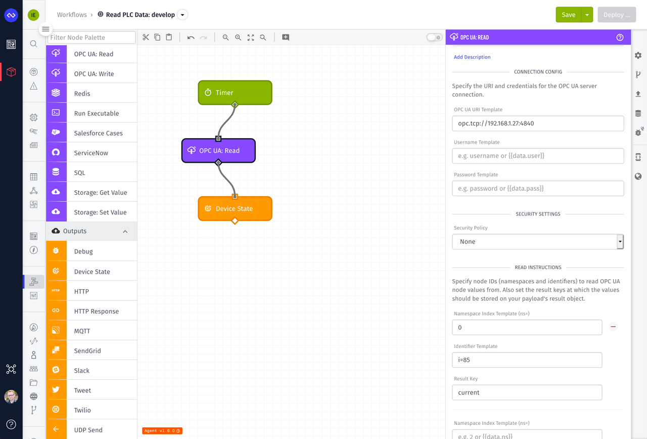 Losant Edge Workflow with OPC UA Read Node