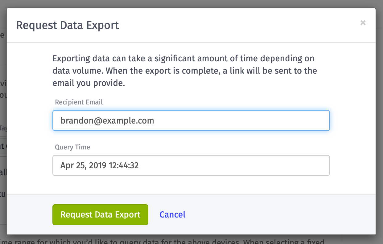 Losant Notebooks request data exports popup