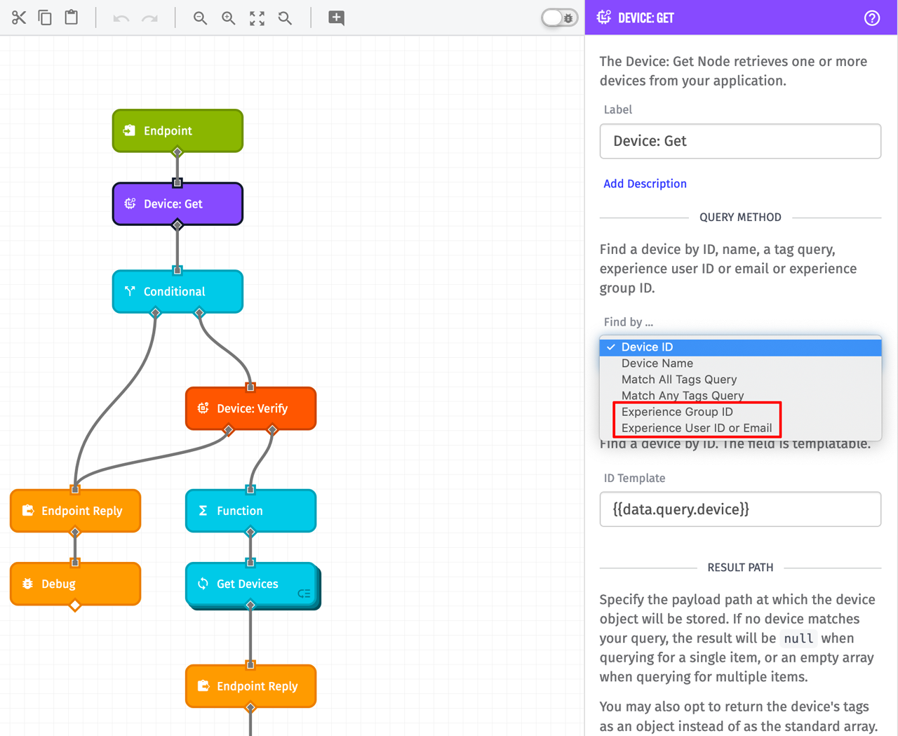 Losant Device Get Node with Experience User and Group Queries