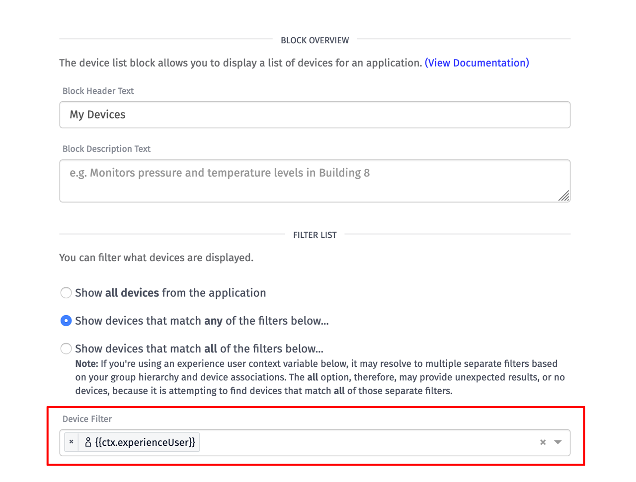 Losant device list with experience user context variable