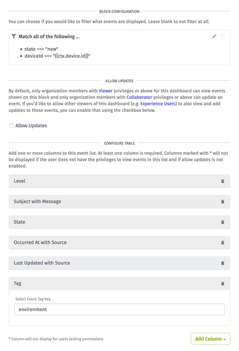 Losant Event List Dashboard Block Configuration