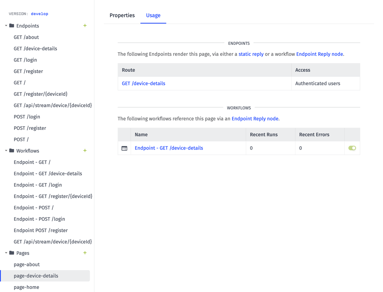 Losant Experience Page Usage Tab