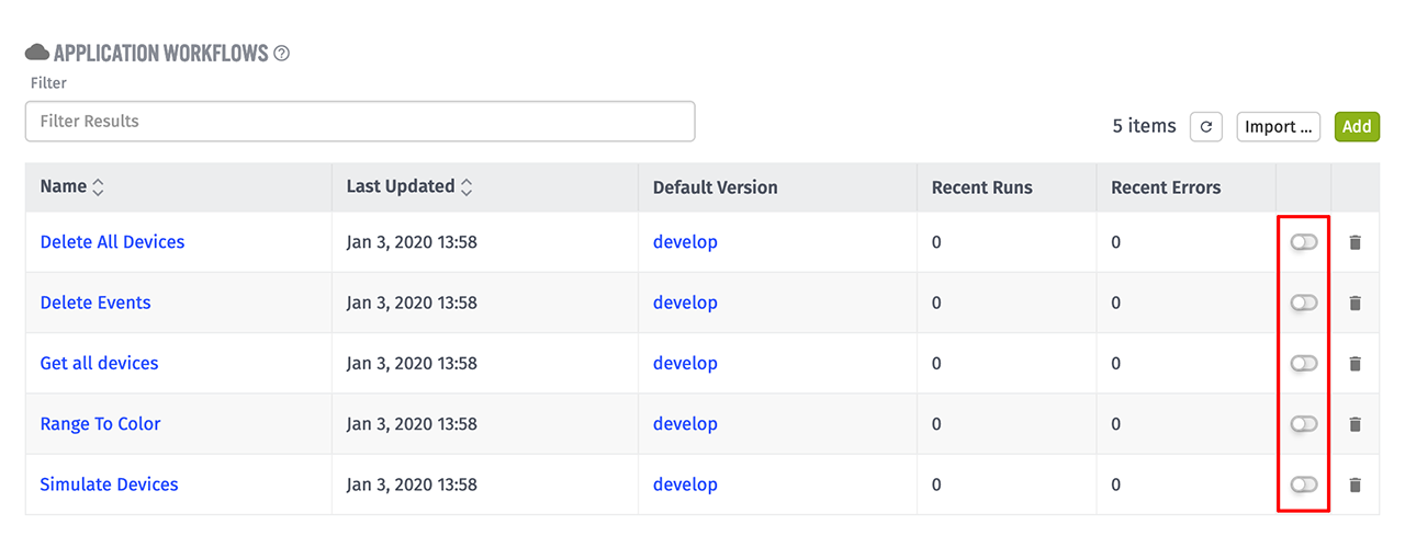 Losant Workflows List Enable Toggles