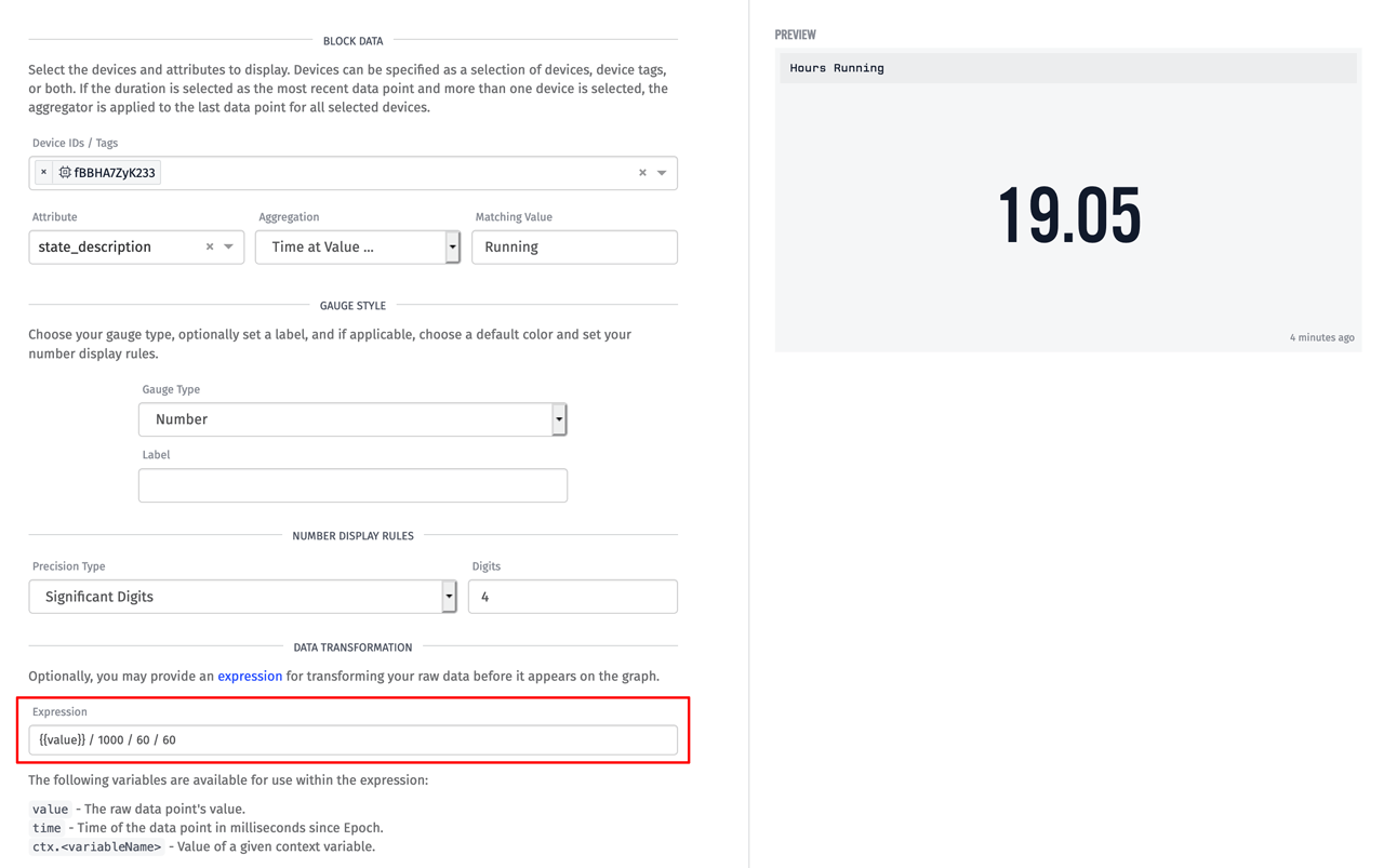Losant Time at Value Aggregation with Expression on Gauge Block