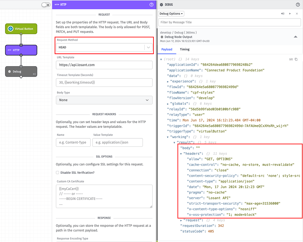 Losant HTTP Node - HEAD Method
