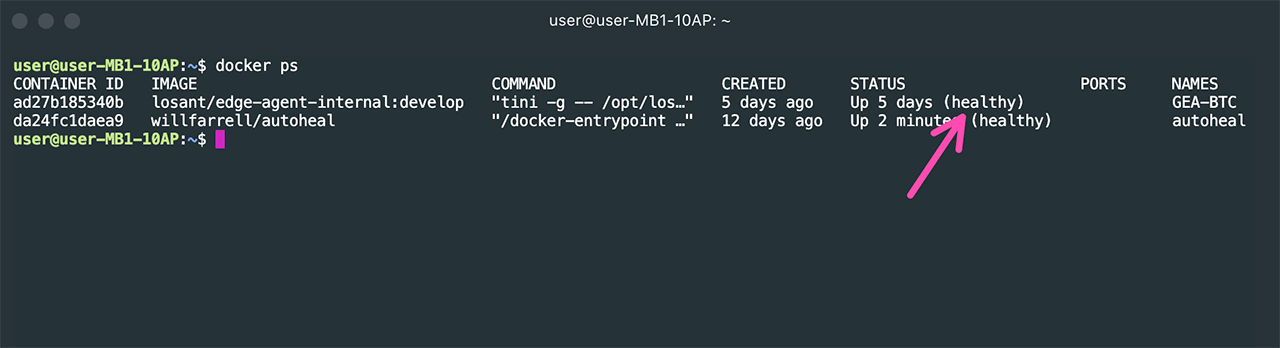 Console showing Losant's GEA with health status