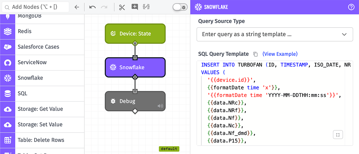 Losant Workflow - Snowflake Node Insert Data