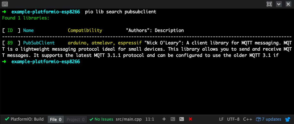 Pubsubclient library installation for PlatformIO.