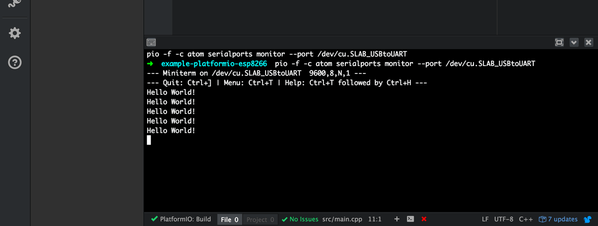 Serial output of Hello World.